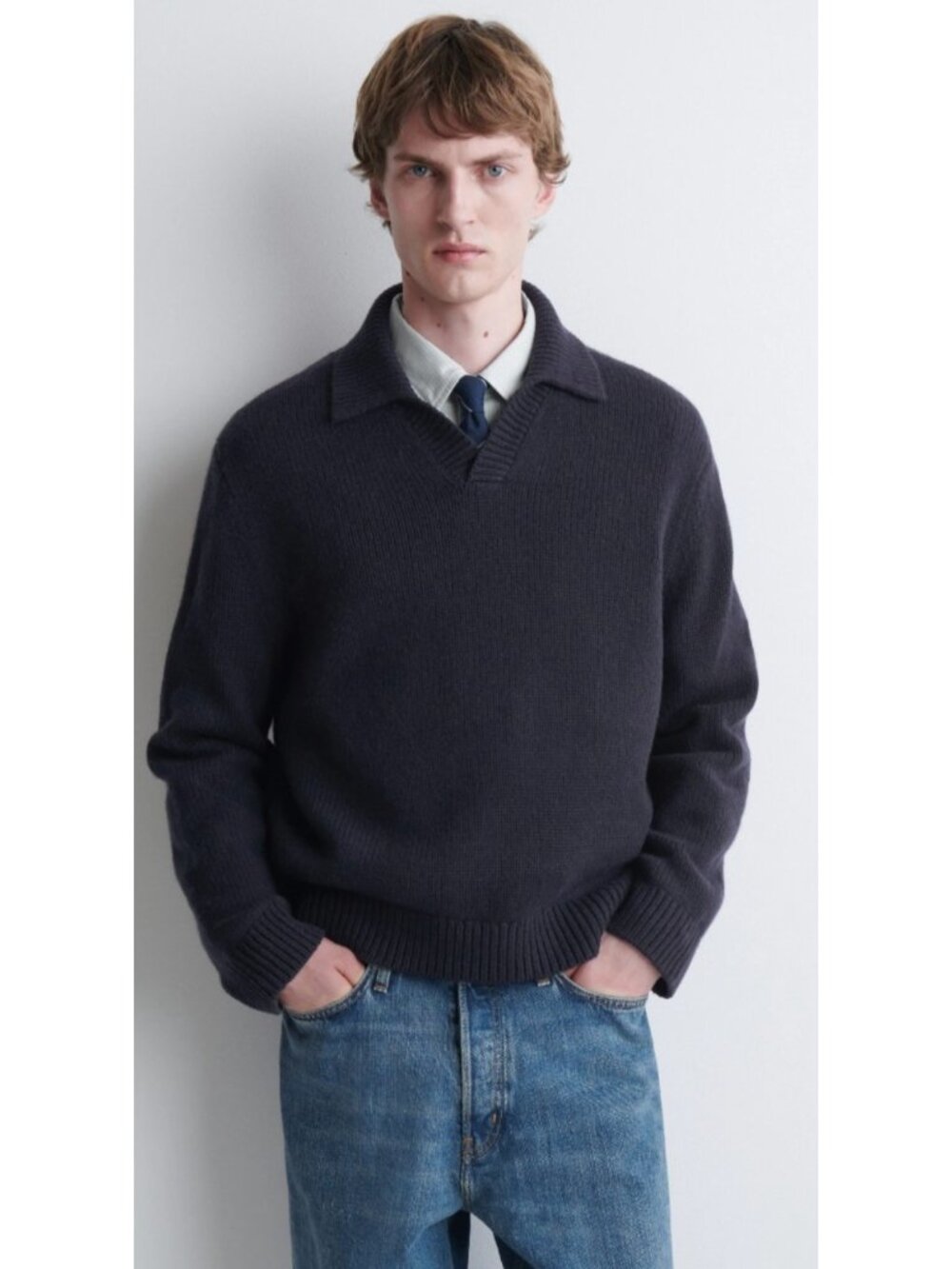 COS Men's 100% Wool Relaxed Knit Polo Sweater Navy Blue Size XL